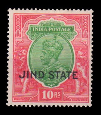 JIND STATE 1928 - King George V, 10Rs. Overprint Jind State, 1 Value Stamps, Mint Hinged, S.G. 101