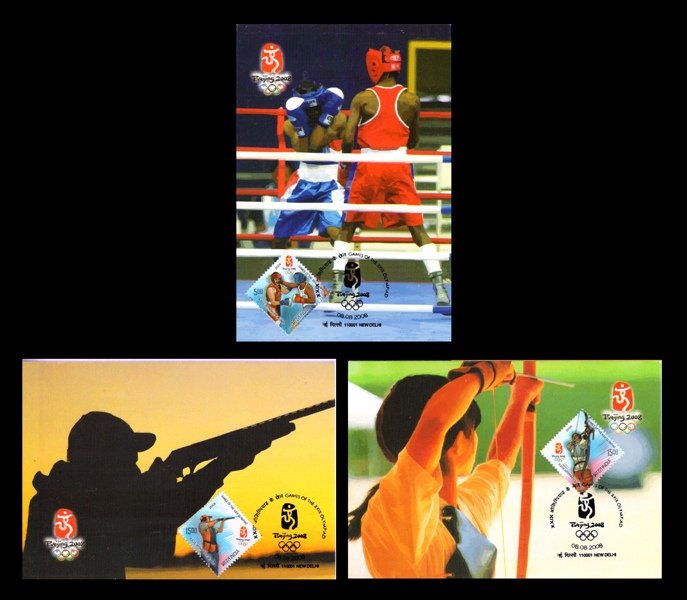 INDIA 2008 - Olympic Games, Maxim Cards, 3 Different With Stamps and 1st Day Cancellation
