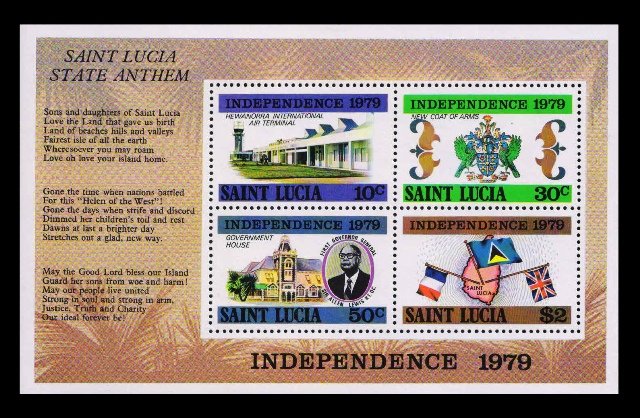 ST. LUCIA 1979 - Independence, Flag, Coat of Arms, Government House, Miniature Sheet of 4 Stamps, MNH, S.G. MS 490