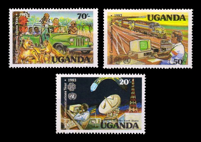 UGANDA 1983 - World Communication Year, Satellite Earth Station, Lions, Railway, Set of 3 Stamps, MNH, S.G. 416-418