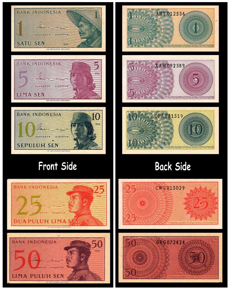 INDONESIA 1964 - 1, 5, 10, 25 and 50 Sen, Set of 5 Banknotes, Good Condition