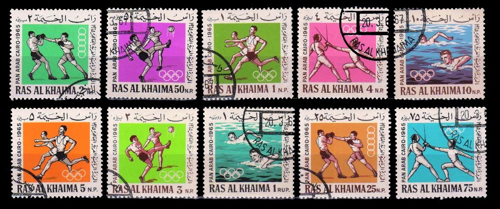 RAS AL KHAIMA 1966 - Pan Arab Games, Cairo 1965, Sports, Set of 10 Stamps, Cancelled, S.G. 31-40, Cat. £ 4