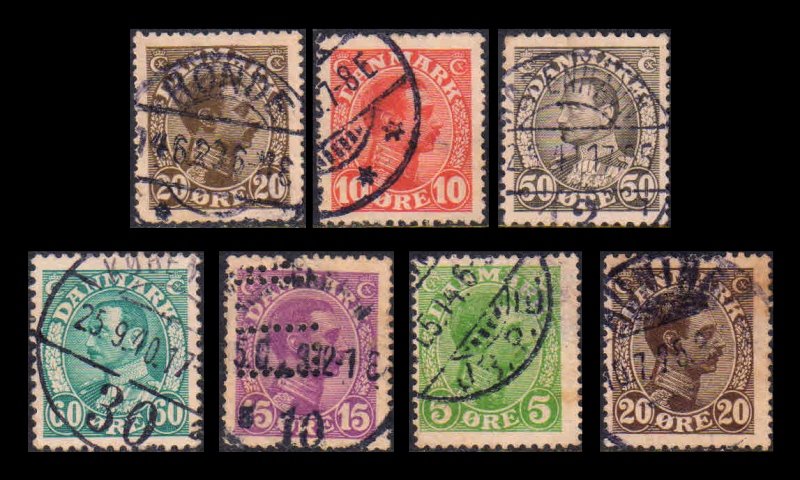 DENMARK 1913 - King Christian X, 7 Different Old and Used Stamps, S.G. 135-150