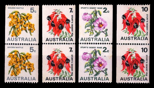 AUSTRALIA 1970 - Coil Stamps, Flowers, 4 Different Pairs, MNH, S.G. 465a-468d