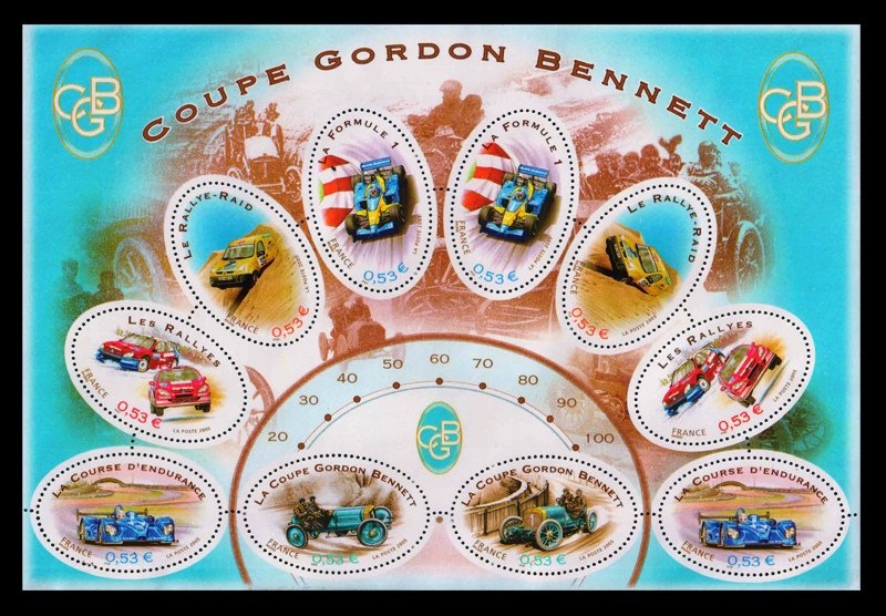 FRANCE 2005 - Centenary of 1st French Gordon Bennett Cup Race, Race Cars, Sheet of 10 Odd Shaped Stamps, MNH, S.G. 4104-4109, Cat. £ 36.4
