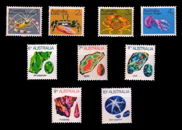 AUSTRALIA 1973 - Marine Life and Gem Stones, Crab, Opal, Star Sapphire, Rhodonite, Set of 9 Stamps, MNH, S.G. 545-552a, Cat. £ 2.50