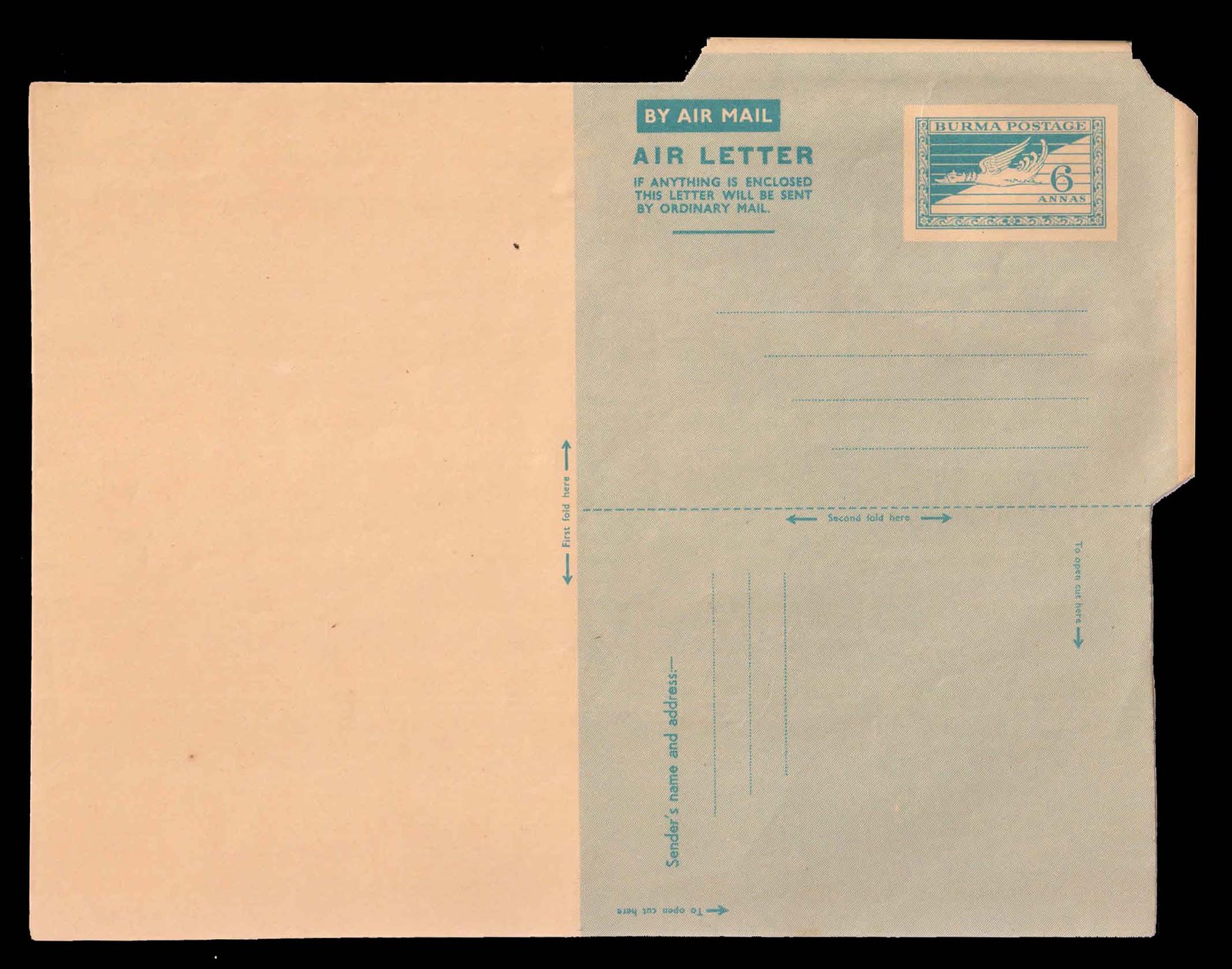 BURMA 1950 - 2 Annas, Inland Letter, Hintha (Legendary Bird), Unused, Unfolded, Postal Stationary Good Condition