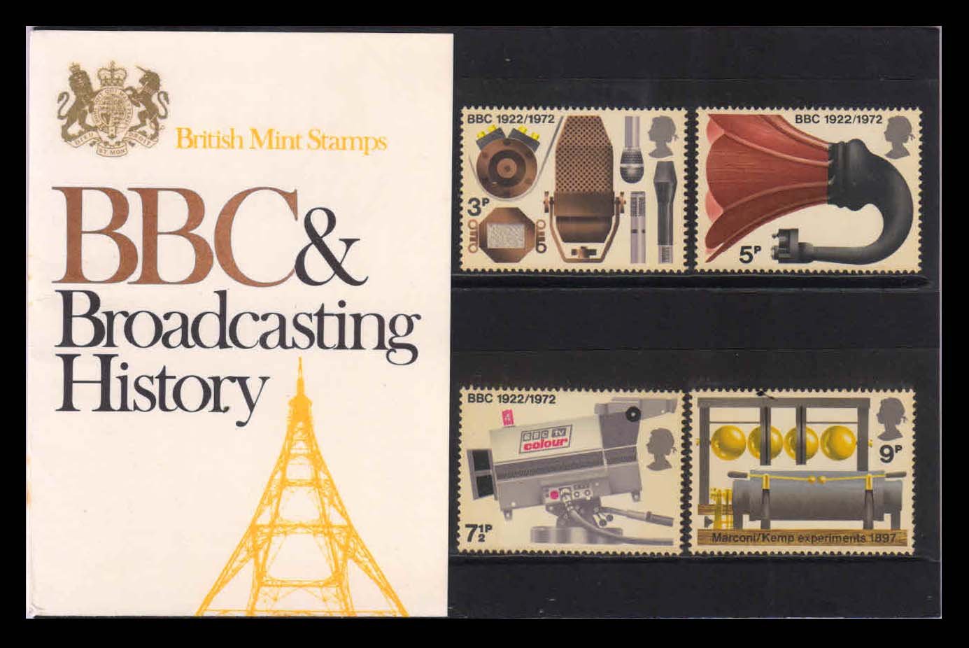 GREAT BRITAIN 1972 - Broadcasting, Communication, TV, Radio, Set of 4 Stamps, Presentation Folder, MNH