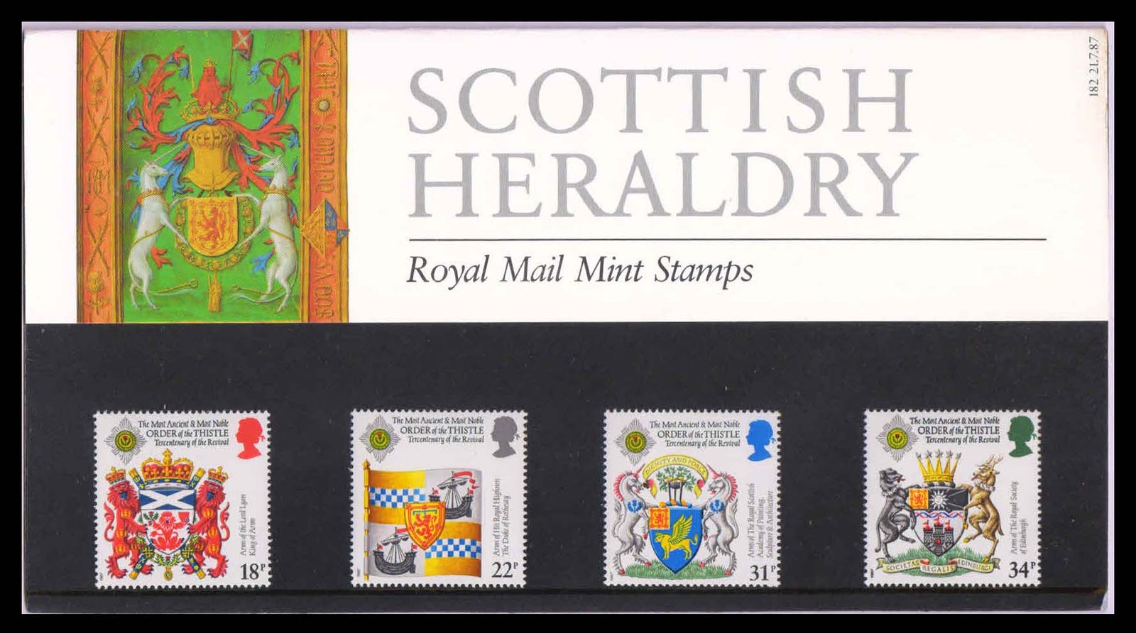 GREAT BRITAIN 1987 - Revival of Order of the Thistle, Coat of Arms, Set of 4 Stamps, Presentation Pack, MNH
