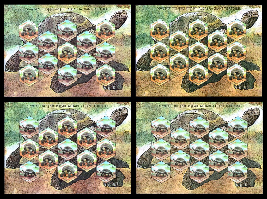 INDIA 2008 - Aldabra giant Tortoise, Odd Shape, Hexagonal Design, Set of 4 Different Sheetlet, 13 Stamps Each Sheet, MNH