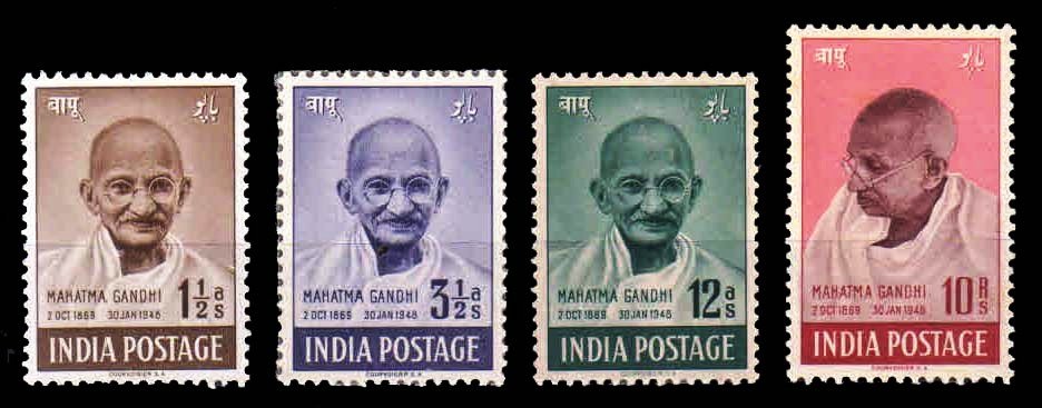 INDIA 1948 - Mahatma Gandhi, Set of 4 Stamps, Mint Gum Wash, Rare Stamps