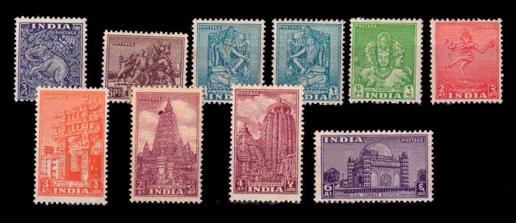 INDIA 1949 - Archaeological and Historical Monuments, 3Ps. to 6As., Set of 10 Stamps, Mint Hinged, White Gum, S.G. 309-317