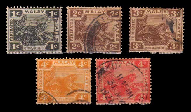 Federated Malay State 1900 - Tiger Series, 5 Different Old & Used Stamps, Cat. £17.00