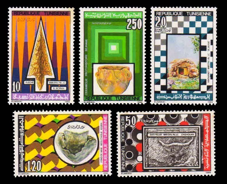 TUNISIA 1986 - Prehistoric Artefacts, Set of 5 Stamps, MNH, S.G. 1104-1107, 1109