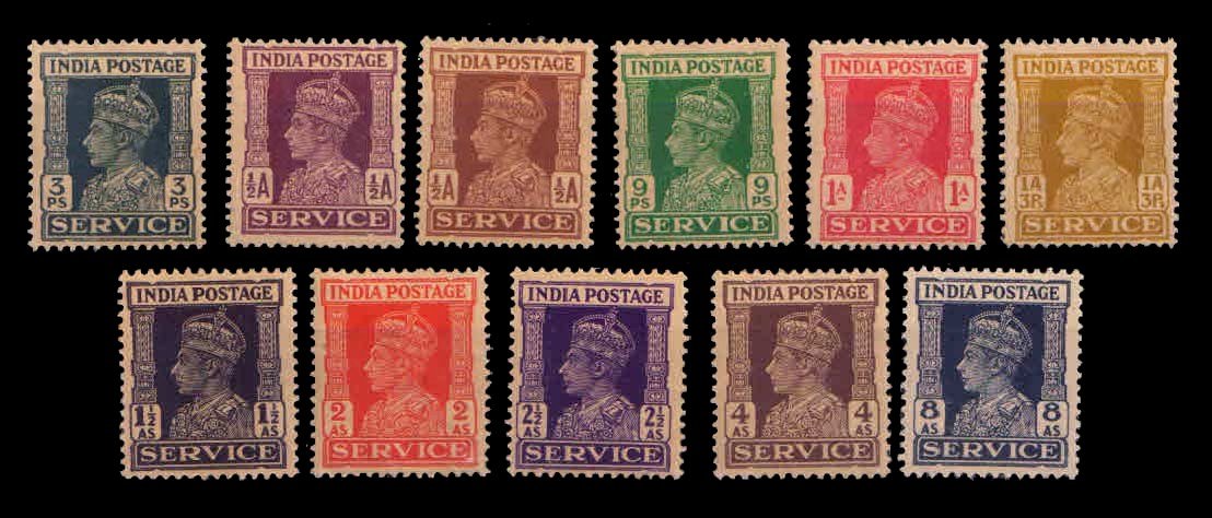 INDIA 1939 - King George VI, Official Stamps, Complete Set of 11 Stamps, MNH, S.G. 0143-0150
