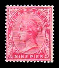 INDIA 1882 - Queen Victoria, 9 Pies Aniline Carmine, 1 Value Stamp, Mint Hinged, White Gum, S.G. 87