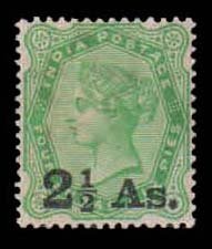 INDIA 1891 - Queen Victoria, 2½ Anna on 4½ Anna, Yellow Green, 1 Value Stamp, Mint Hinged, White Gum, S.G. 102