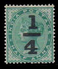 INDIA 1898 - Queen Victoria Surcharged Issue, ¼ Anna on ½ Anna, Blue Green, 1 Value Stamp, Mint Hinged, S.G. 110