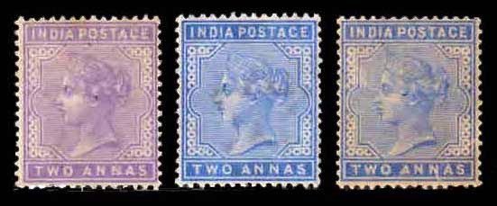 INDIA 1882 - Queen Victoria, 2 Anna, 3 Different Shades, Mint Hinged, White Gum, S.G. 91-92