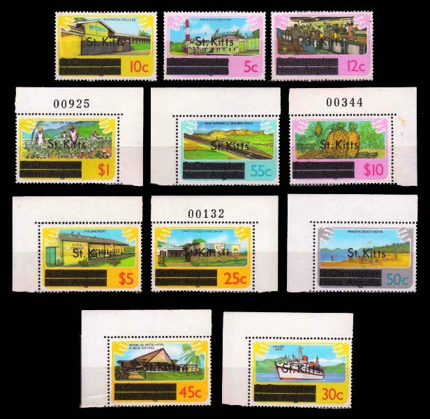 ST. KITTS 1980 - Industries, Tourism and People of St. Kitts-Nevis, Set of 11 Stamps, Surcharged MNH, S.G. 29B-31A, 33B-34B, 36A-41A