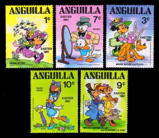 ANGUILLA 1981 - Easter, Disney Cartoon Characters, Set of 5 Stamps, MNH