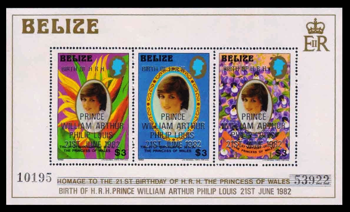BELIZE 1982 - Birth of Prince William of Wales, Silver Surcharge on Princess Diana Stamps, M/S of 3 Stamps, MNH, S.G. MS 720