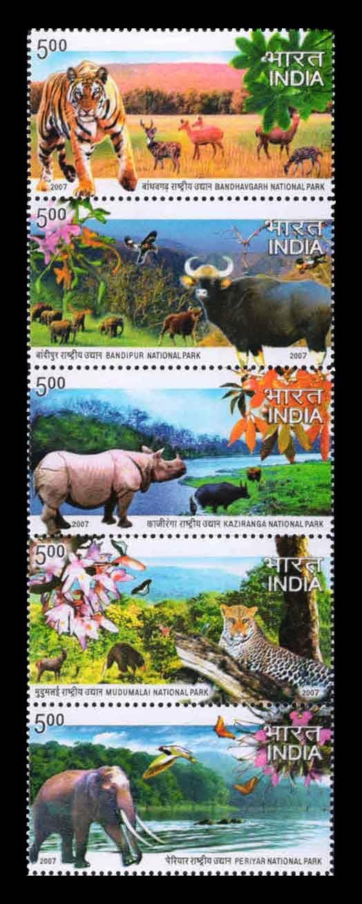 INDIA 2007 - National Parks of India, Animals, Tiger, Elephants, Leopard, Vertical Strip of 5 Stamps, MNH, S.G. 2404-2408