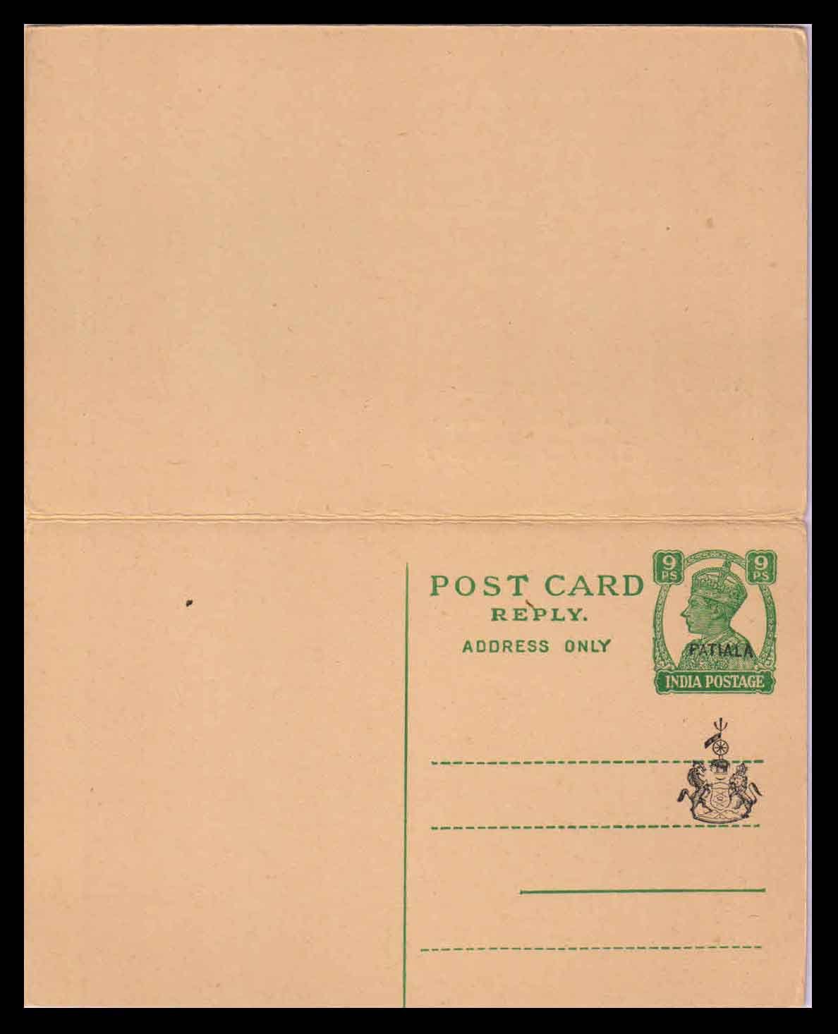 PATIALA STATE Post Card, 9Ps. King George VI, Unused Reply Post Card