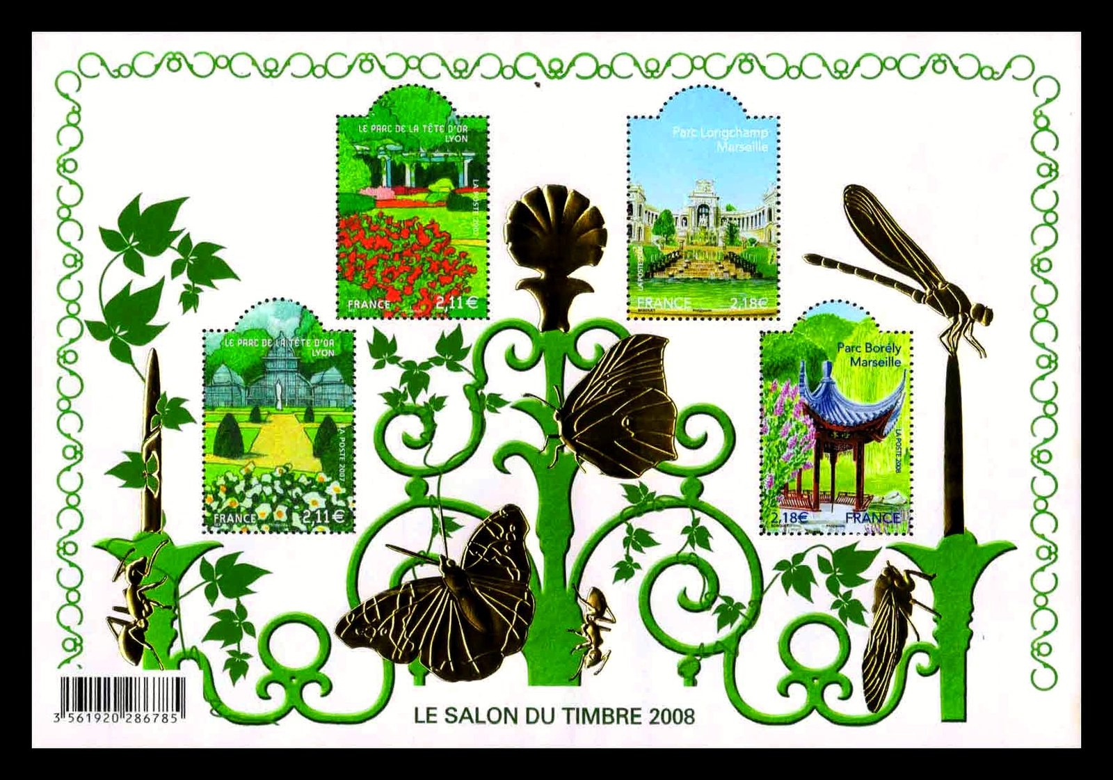 FRANCE 2008 - French Gardens, Sheet of 4 Odd Shaped Stamps, Gold Embossed Miniature Sheet, MNH, S.G. MS 4382