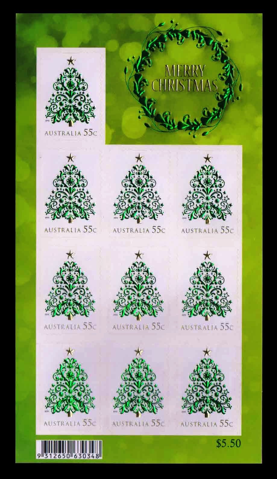 AUSTRALIA 2013 - Christmas Tree, Gold and Green Foiled Stamps, Sheet of 10 Stamps, MNH, S.G. 4090