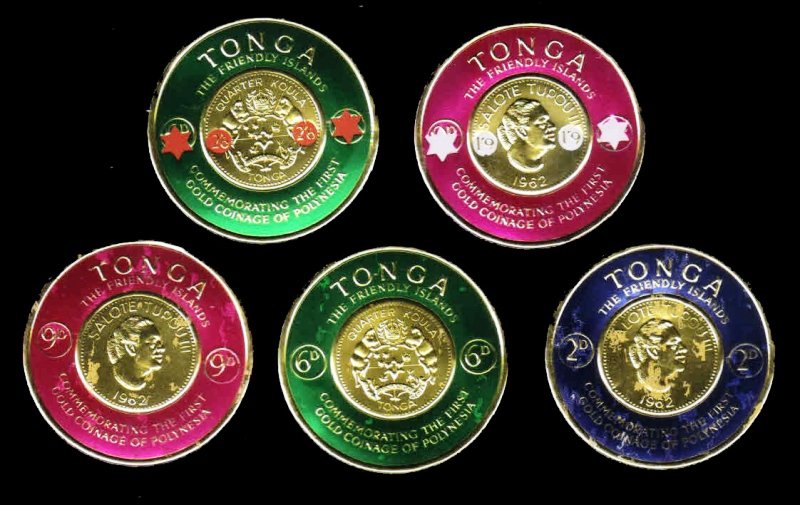 TONGA 1963 - 5 Different Round Shaped, Gold Foil Stamps, Unused