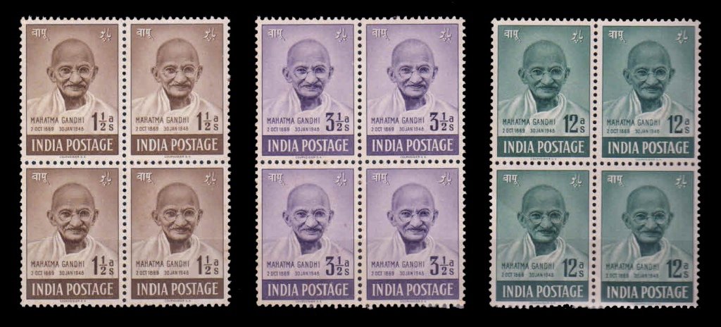 INDIA 1948 - Mahatma Gandhi, 3 Different Blocks, 1½As., 3½As., 12As., Mint Gum Wash