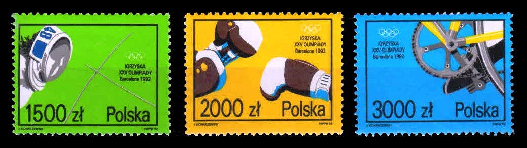Poland 1992 - Olympic Games (Barcelona), Fencing, Boxing, Cycling, Set of 3 Stamps MNH, S.G. 3414, 3415, 3417