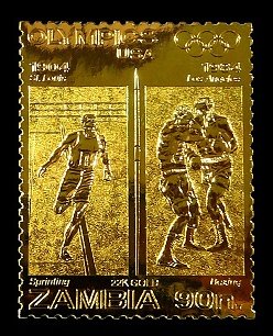 ZAMBIA 1984 - 22K Gold Foil Stamp, Los Angeles Olympic, USA, Sprinting and Boxing Sport, 1 Value MNH