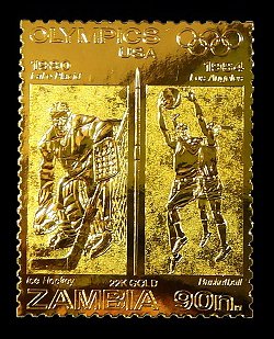 ZAMBIA 1984 - 22K Gold Foil Stamp, Los Angeles Olympic, Ice Hockey and Basket Ball Sport, 1 Value MNH