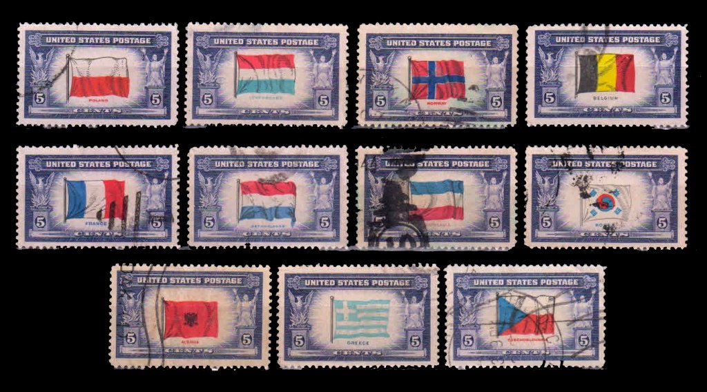 UNITED STATES OF AMERICA 1943 - Flags Series, 11 Different Used Stamps