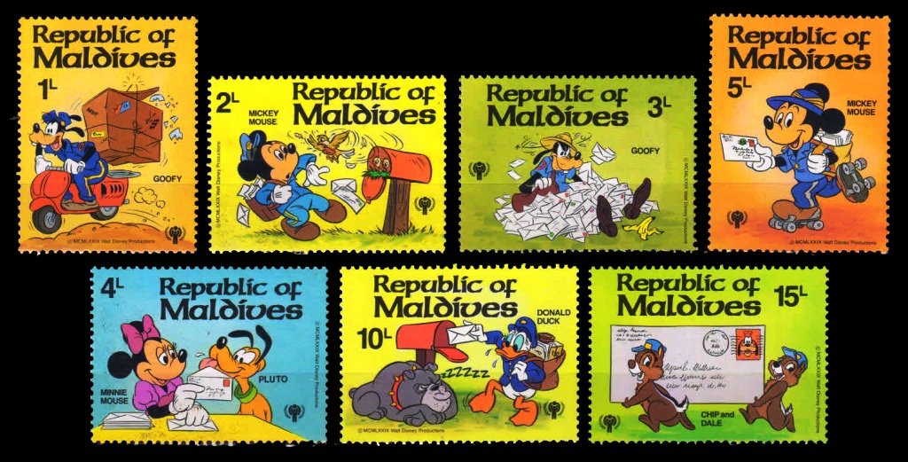 MALDIVES 1979 - International Year of the Child, Disney Cartoon Characters, Set of 7 Stamps, MNH, S.G. 838-843
