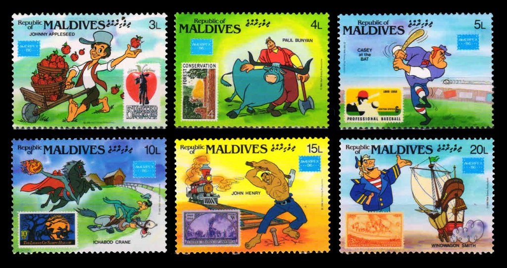 MALDIVES 1986 - Walt Disney Cartoon Characters, Ameripex International Stamp Exhibition, Set of 6 Stamps, MNH, S.G. 1161-1166