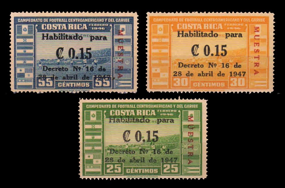 COSTA RICA 1947 - Football Match, Set of 3, Overprint SPECIMEN Stamps, MNH, S.G. 432-434