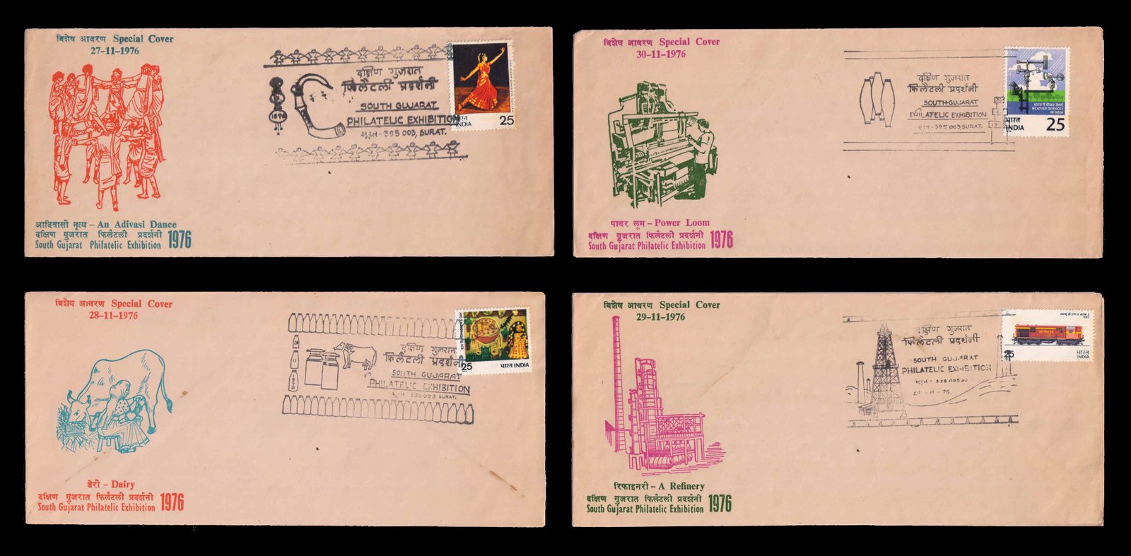 INDIA 1976, South Gujarat Philatelic Exhibition, Surat, 4 Different Special Covers