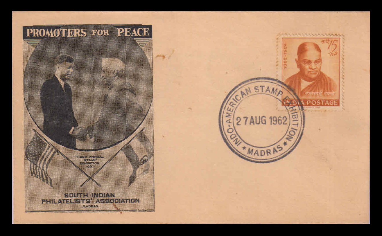 INDIA 27-08-1962, Jawahar Lal Nehru and Kennedy, Indo-American Stamp Exhibition South Indian Philatelists Association, Special Cover 