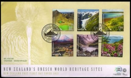 NEW ZEALAND 2015-F.D.C, Set of 6-UNESCO WORLD HERITAGE SITES-Face $ 12-90-Lake, Glacier, Mountain