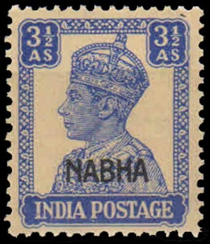 NABHA STATE 1942 , S.G. No. 113 , 3½ A , Bright Blue , K.G.VI , Cat . £ 18.00