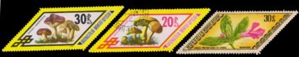MONGOLIA - 3 Different Used, Flower and Mushroom, Parallelogram Shaped Stamps