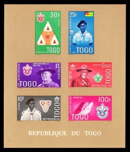 TOGO 1961 - Boy Scout Movement. Scout Badge. Lord Baden Powell. Imperf Sheet of 6 Stamps. S.G. MS 286a