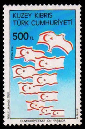 TURKISH CYPRIOT POSTS 1993 - National Flags Turning into Doves. 10th Anniversary of Proclaunation of Turkish Republic of Northern Cyprus. 1 Value MNH Stamp. S.G. 360