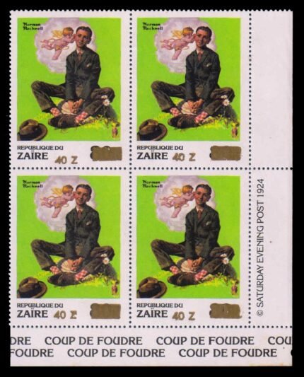 ZAIRE 1990 - Surcharged 40z On 80k. Norman Rockwell. Paintings. Corner Block of 4, MNH. S.G. 1293