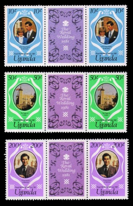 UGANDA 1981 - Royal Wedding, Prince Charles & Lady Diana, Set of 3 Pairs with Labels, MNH. S.G. 345-347