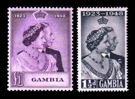 GAMBIA 1948 - Silver Wedding, King George VI and Queen Elizabeth, Set of 2 Stamps, Mint Hinged, S.G. 164-165