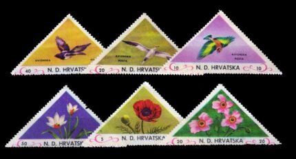 CROTIA (Hrvatska) - 6 Different, Birds and Flowers, Triangular Shaped Stamps, Mint